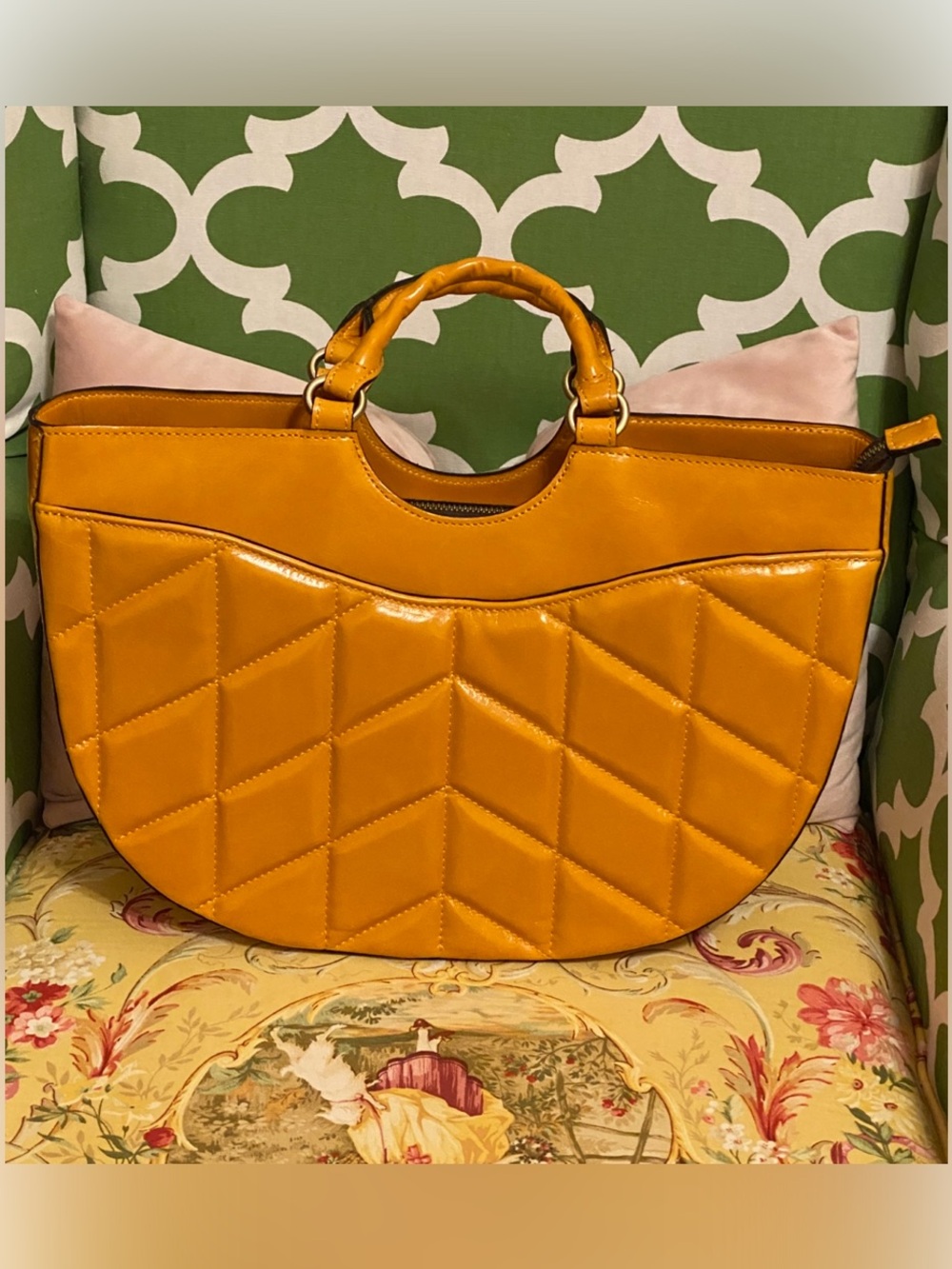 Quilted Mustard Tote with Ring Handles